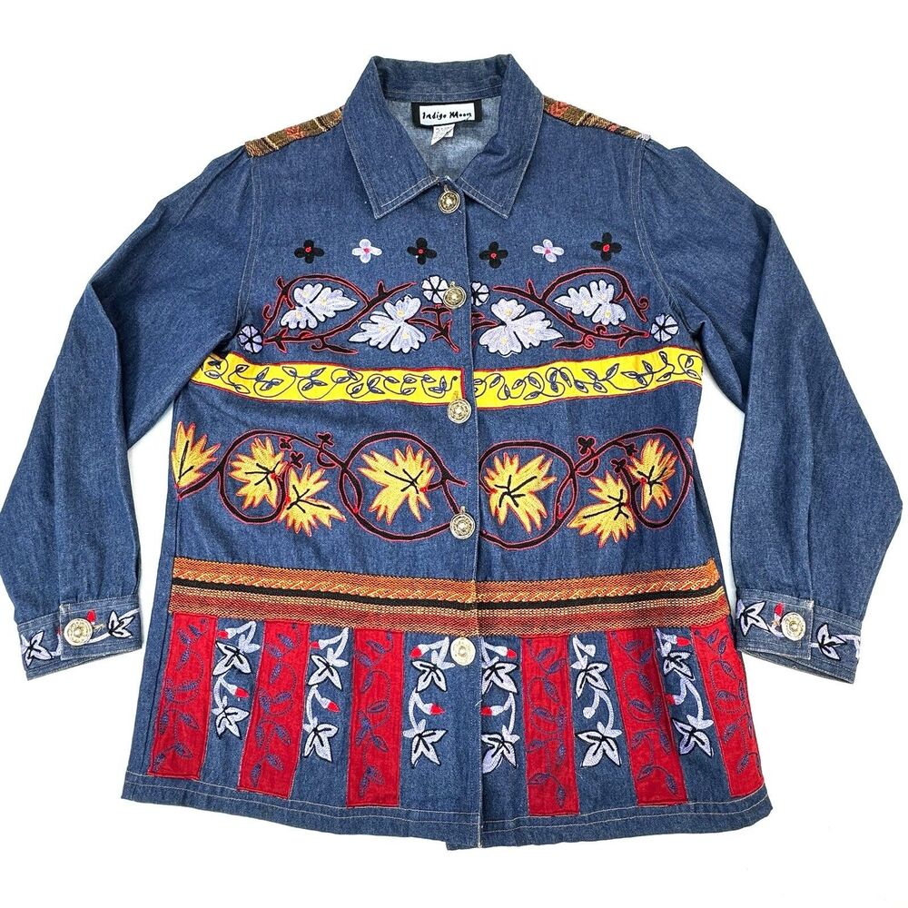 Vintage Indigo Moon Embroidered Denim Hippy Boho Jacket Blazer Size  M